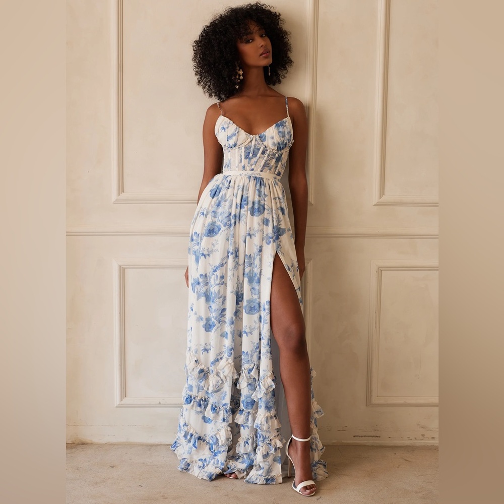 V. Chapman Carmen Corset Front-Slit Ruffled Gown Blue and White